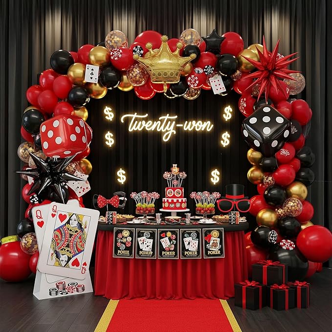 Casino Theme Red and Black Gold balloon garland arch kit