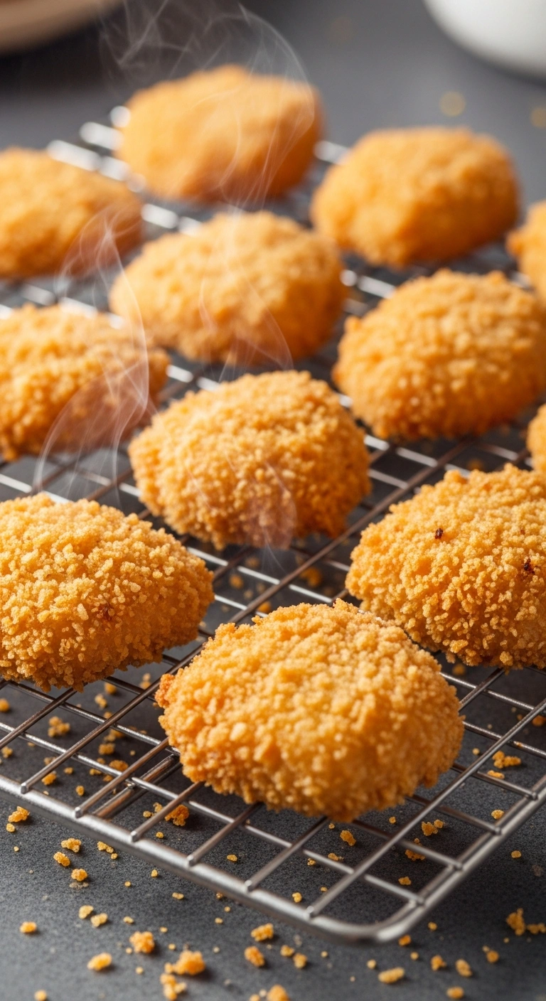 A batch of golden brown, classic panko-crusted chicken nuggets fresh out of the air fryer, placed on a cooling rack.ALT .1.webp