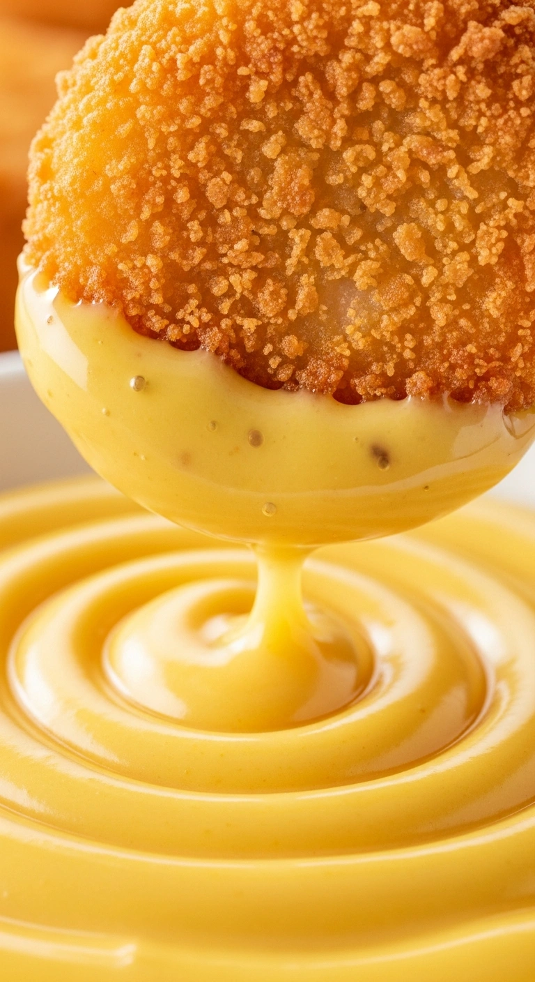 A close up of a perfectly crispy chicken nugget being dipped into a swirl of bright yellow honey mustard sauce.ALT TEXT .9.webp