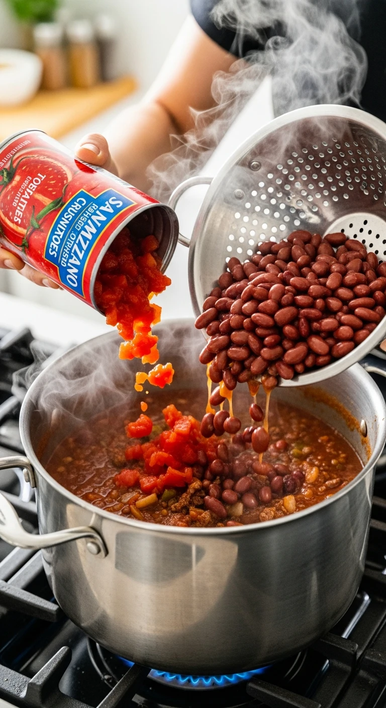 Adding beans and crushed tomatoes to the simmering .6.webp