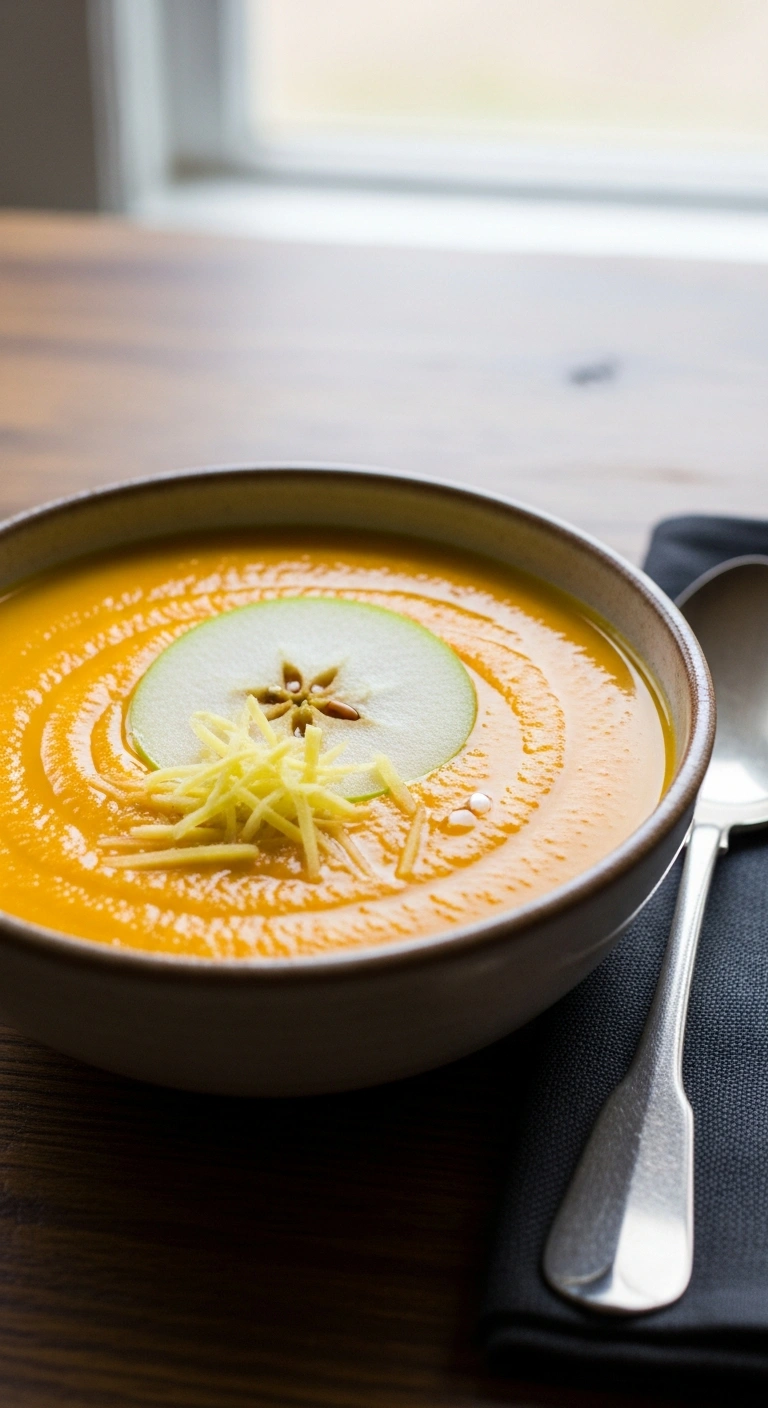 Bright apple ginger butternut soup with a slice of green apple .5.webp