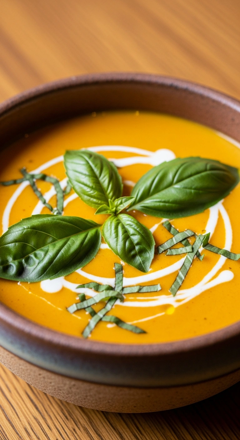 Bright coconut curry squash soup garnished with basil .3.webp