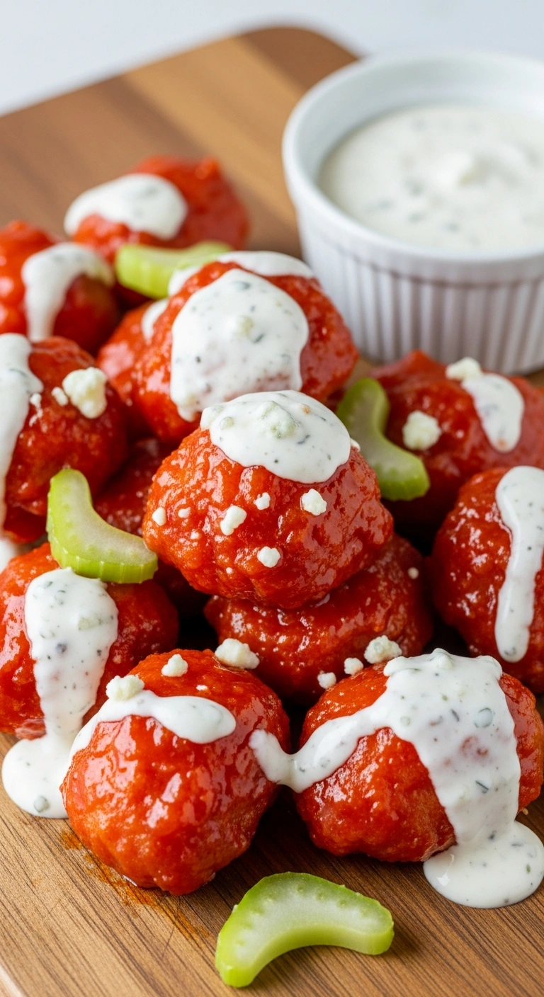 Bright red, glazed buffalo chicken nuggets arranged in a pile, drizzled with creamy blue cheese dressing.ALT TEXT Buffal .13.webp