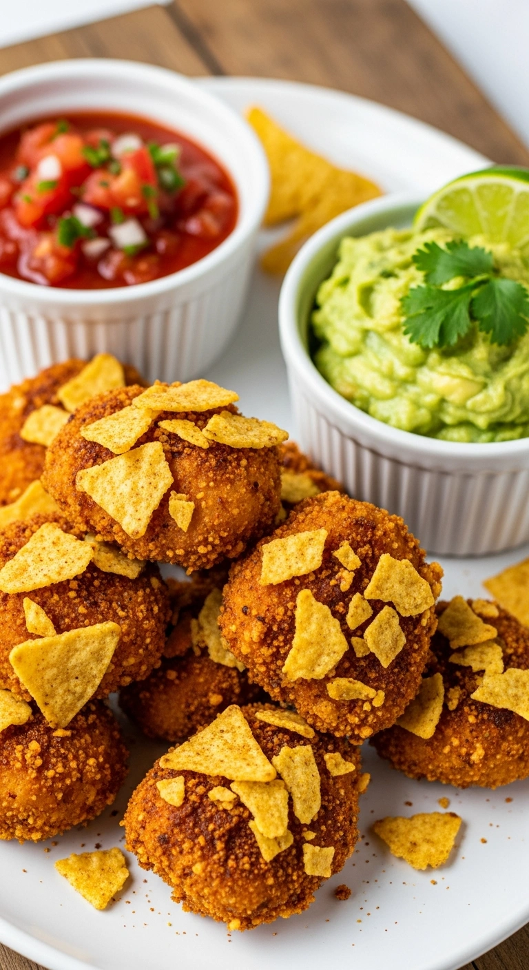 Chicken nuggets coated in crushed tortilla chips and taco seasoning, served with small bowls of salsa and guacamole.ALT .22.webp