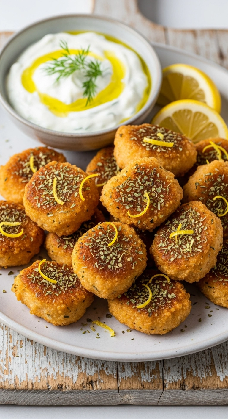 Chicken nuggets with a speckled coating of dried oregano and lemon zest, served with a cool yogurt tzatziki dip.ALT TEXT .19.webp