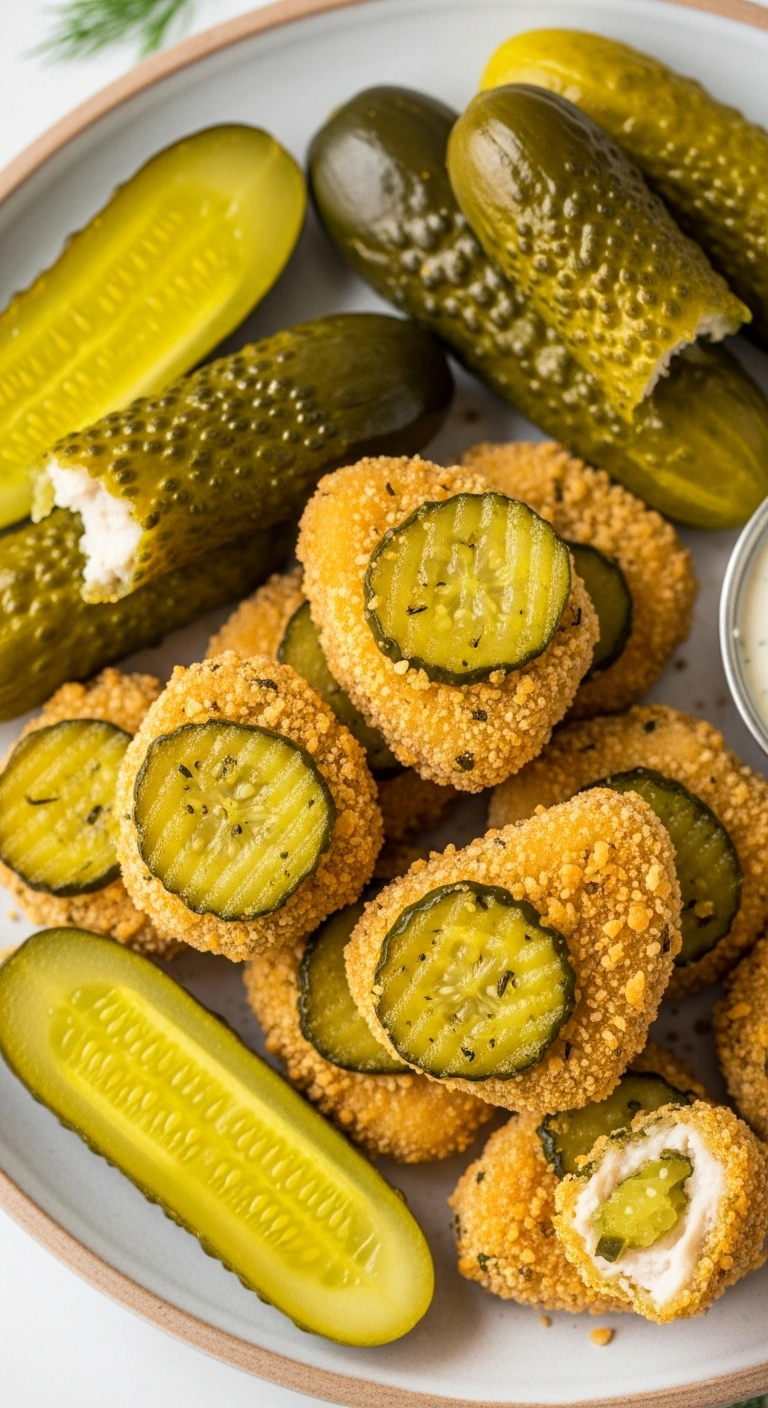 Chicken nuggets with a unique, slightly green coating of crushed dill pickle chips, served next to whole dill pickles.AL .15.webp