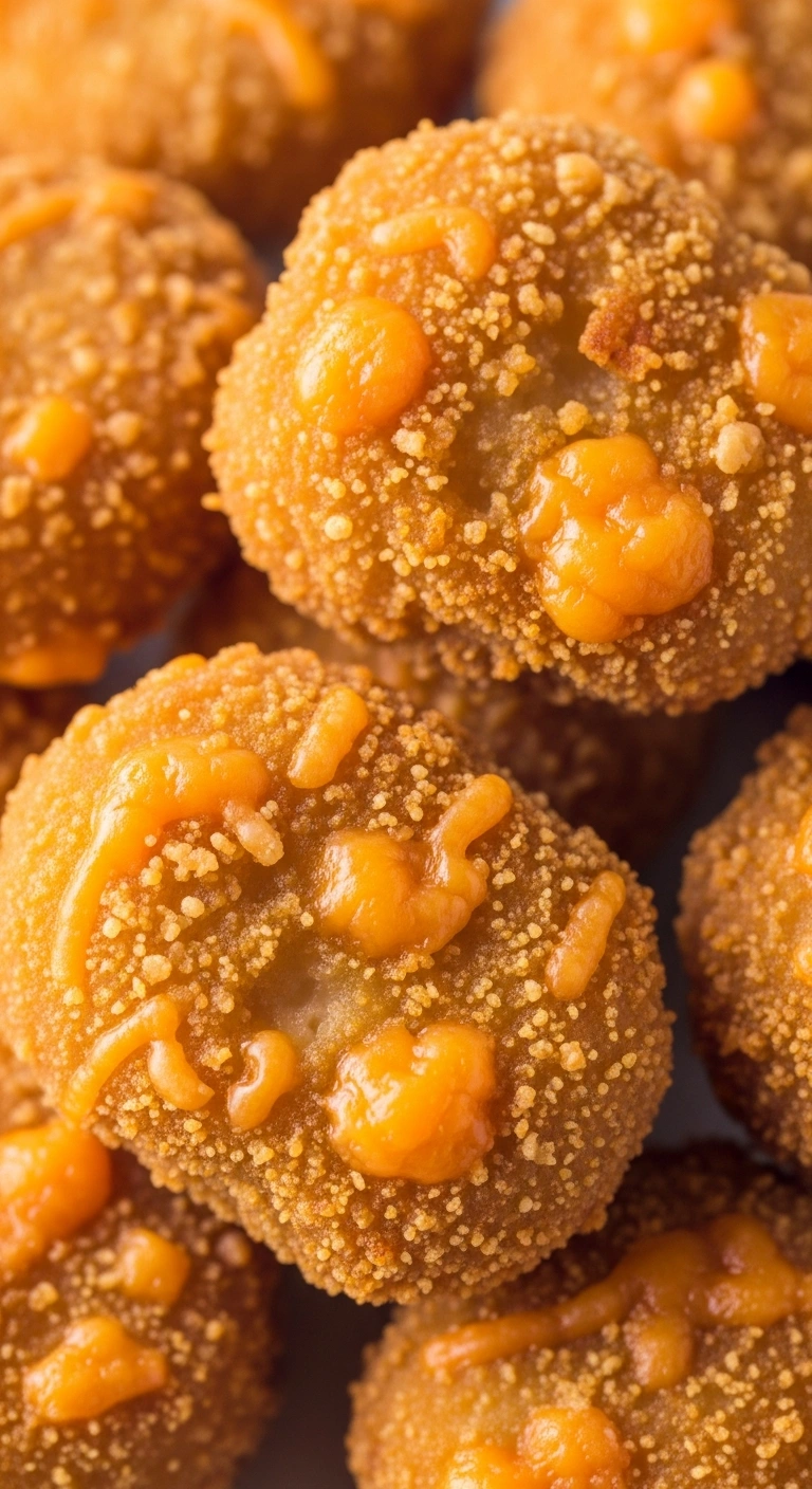 Close-up of chicken nuggets featuring a crisp coating embedded with visible specks of melted sharp cheddar cheese.ALT TE .12.webp