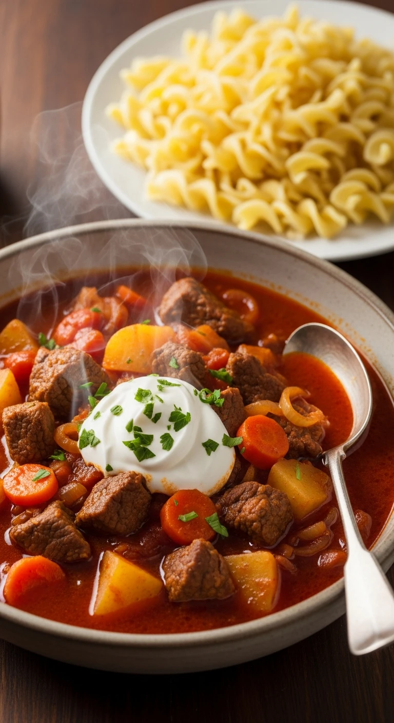 Colorful Hungarian goulash stew garnished with fre .4.webp