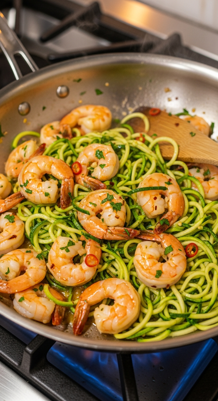 Cooking shrimp and zucchini noodles in a skillet .48.png