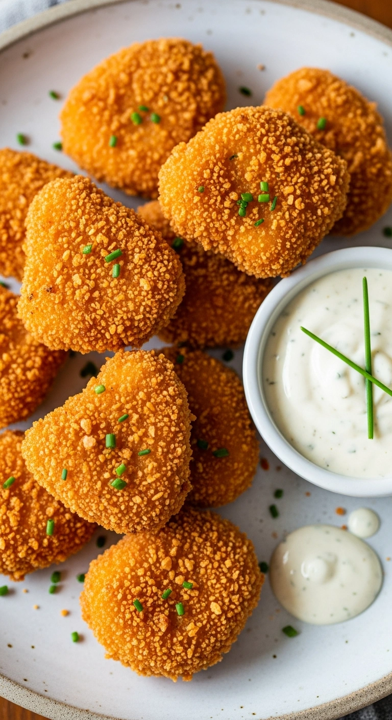 Crispy, textured chicken nuggets with a distinctly savory ranch flavor, served with a side of creamy ranch dressing.ALT .8.webp