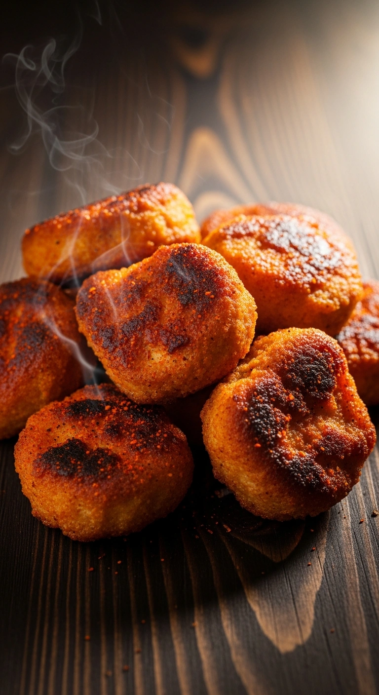 Deep orange, smoky paprika coated chicken nuggets, served against a dark wooden background.ALT TEXT Smoky Paprika Nugget .21.webp
