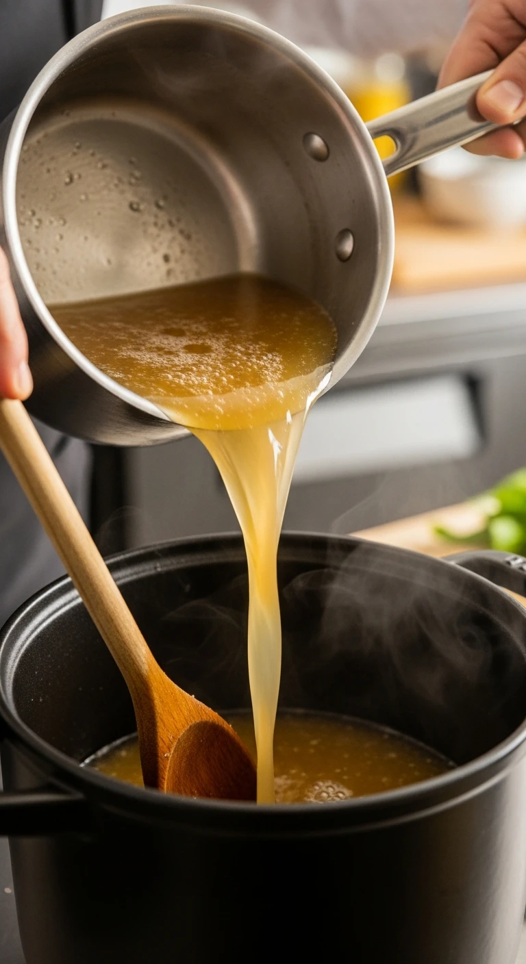 Deglazing the pot with chicken broth to lift flavo .5.webp