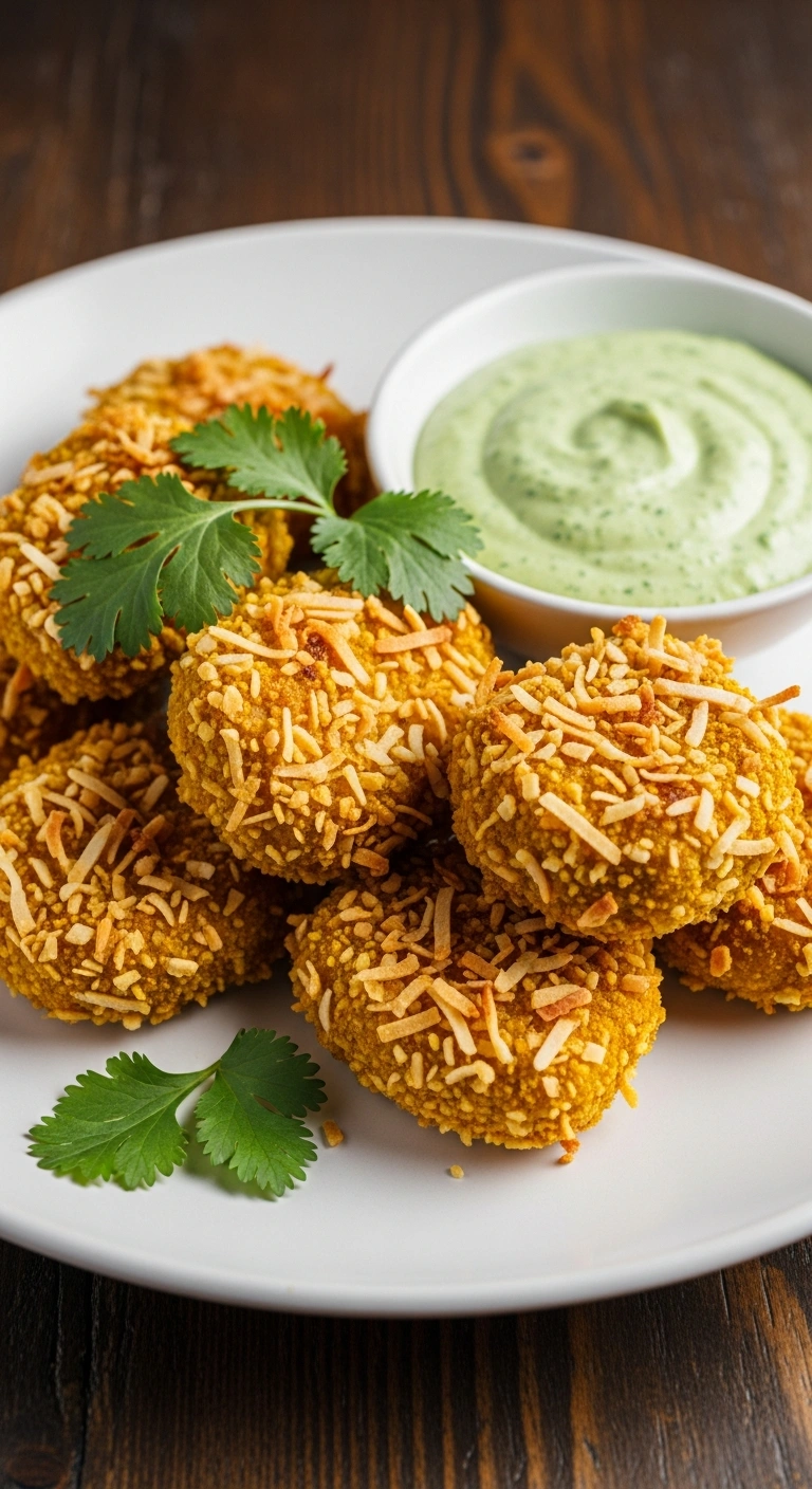Exotic chicken nuggets coated in shredded coconut and yellow curry powder, served with a cilantro garnish.ALT TEXT Cocon .10.webp