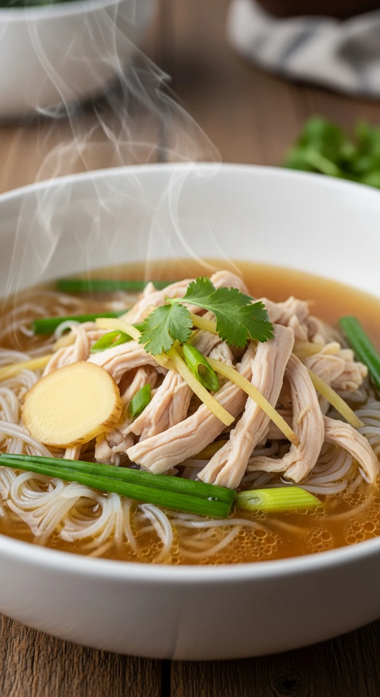Ginger chicken soup served over rice noodles with  .7.webp