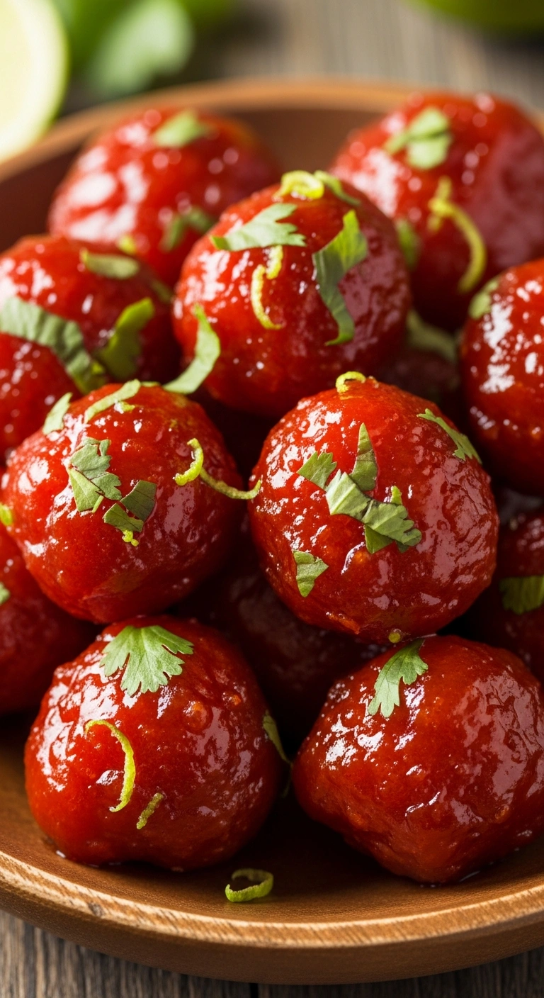 Glossy, bright red sweet chili lime nuggets sprinkled with finely chopped green cilantro.ALT TEXT Sweet Chili Lime Nugge .16.webp