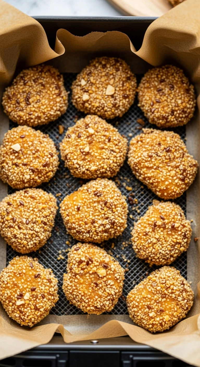 Gluten-free chicken nuggets coated in coarse almond flour and flaxseed, presented on a parchment-lined air fryer basket. .4.webp