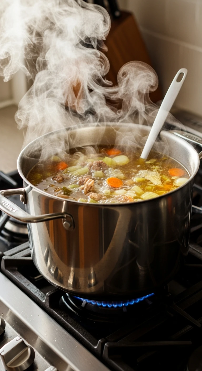 Golden chicken broth simmering gently on the stove .3.webp