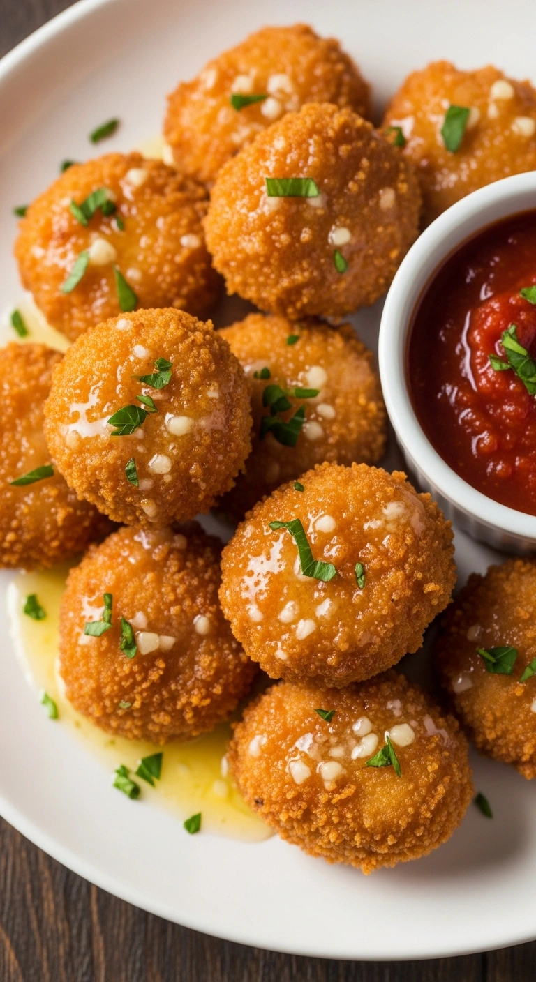 Golden chicken nuggets glistening with melted garlic butter, served with a side of marinara sauce.ALT TEXT Garlic Butter .6.webp