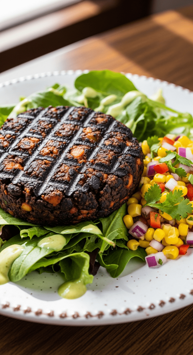 Grilled black bean burger patty on mixed greens .49.png
