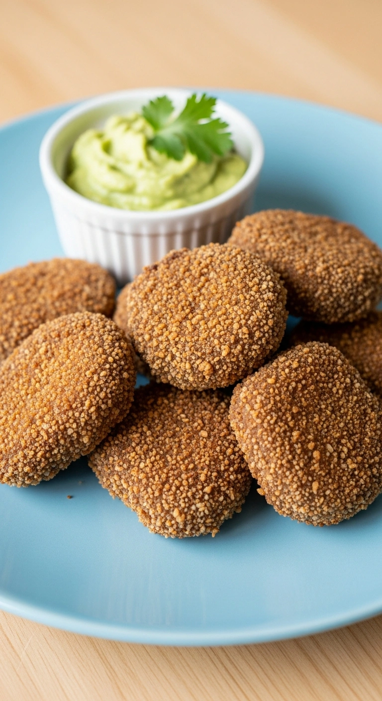 Healthy-looking chicken nuggets coated in darker, whole wheat breadcrumbs, served on a light blue plate.ALT TEXT Whole W .23.webp