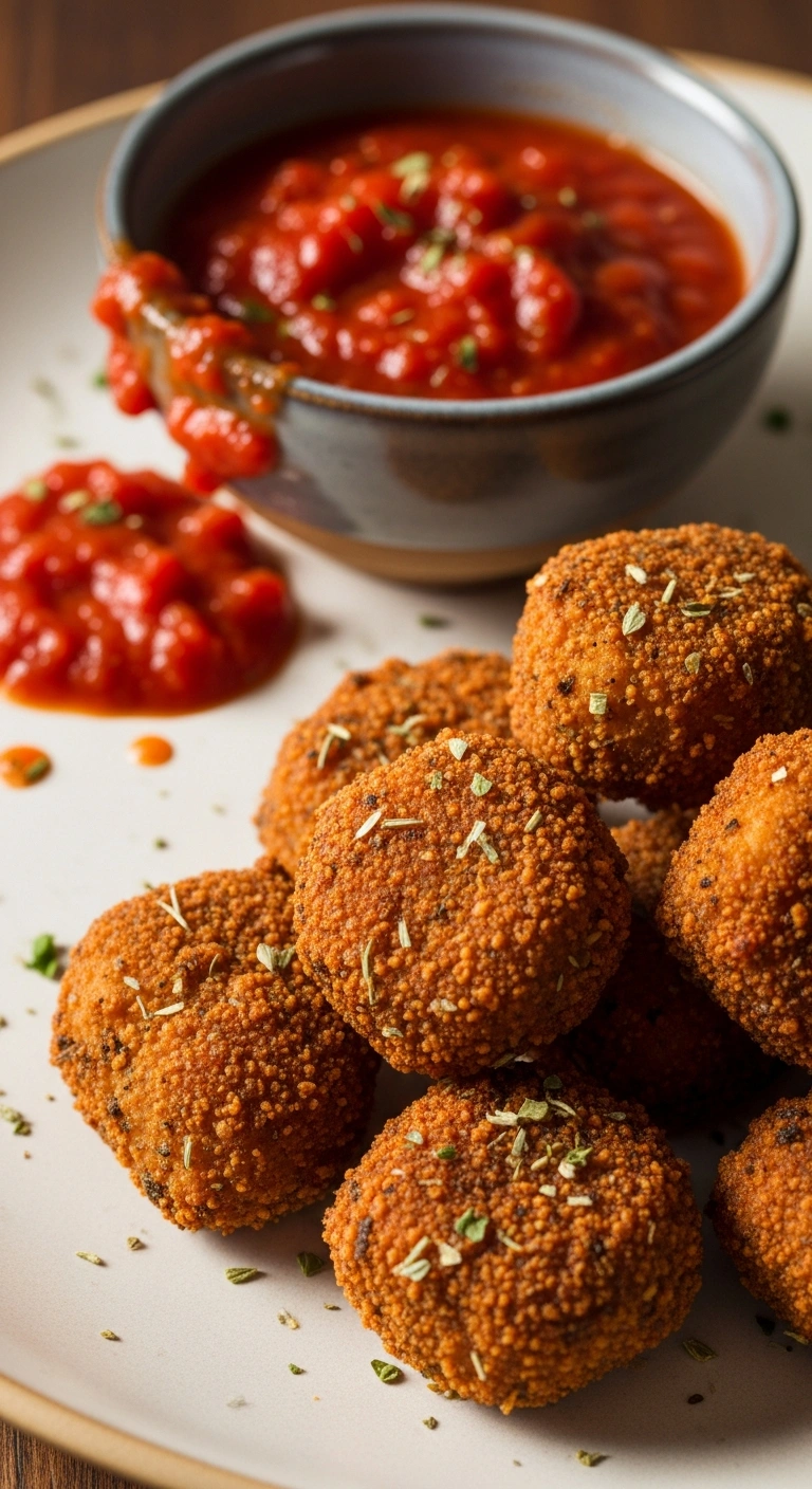 Hearty Italian seasoned chicken nuggets, dark golden brown, served next to a small bowl of rich red marinara sauce.ALT T .11.webp