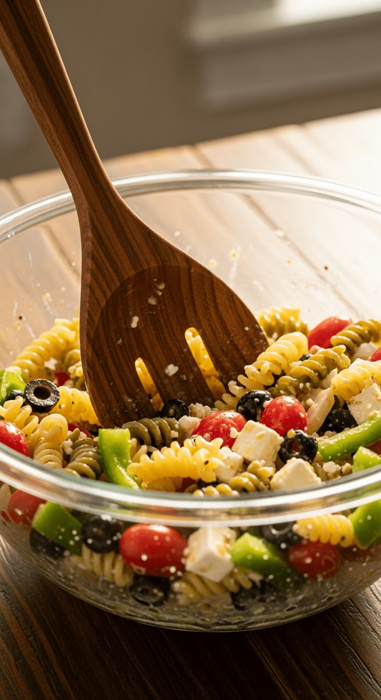 Mixing the Caprese pasta salad dressing .21.png