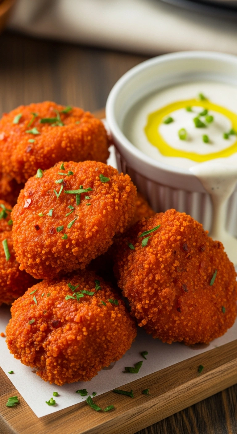 Spicy cayenne chicken nuggets with a noticeable red hue, served with a cooling ranch dip.ALT TEXT Spicy Cayenne Kick Nug .2.webp