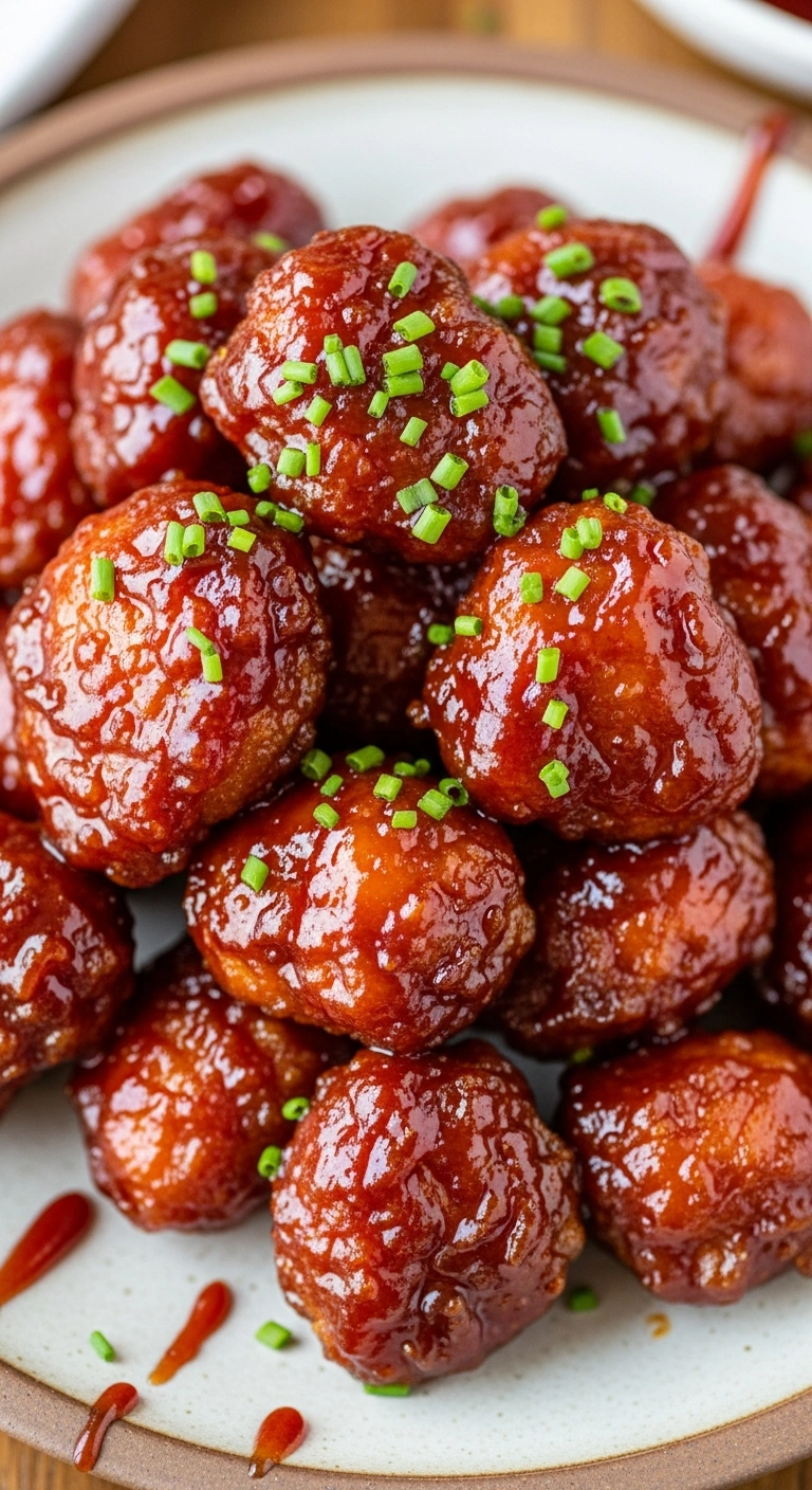Sticky, glossy BBQ glazed chicken nuggets piled high on a plate, garnished with a sprinkle of chives.ALT TEXT BBQ Glazed .5.webp