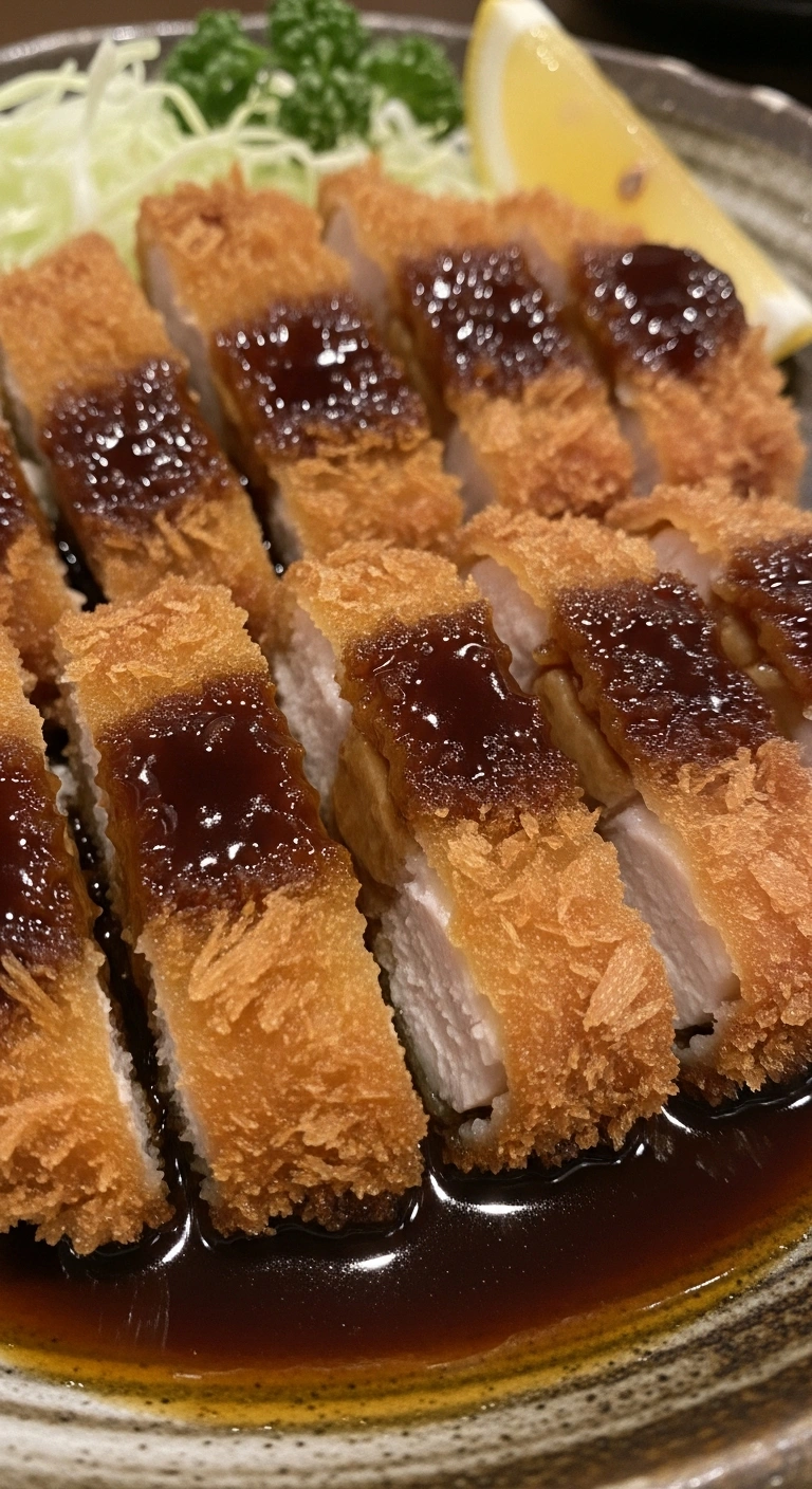 Thick, crispy Japanese Katsu style chicken nuggets, recognizable by the coarse Panko coating, served sliced with a drizz .24.webp