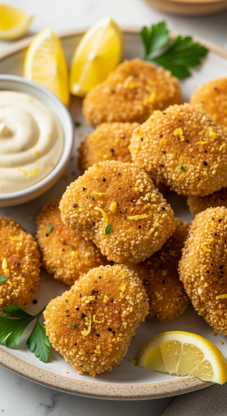 Zesty lemon pepper chicken nuggets showing visible black pepper flakes in the coating.ALT TEXT Lemon Pepper Nuggets .20.webp