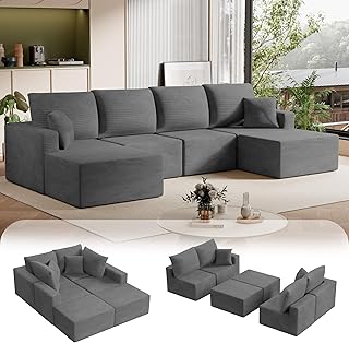 Homall 126 Modern Fabric Boneless Couch with Deep Seat, Sectional Couches for Living Room, Upholstered Cloud Sofa with 2 Ottoman, No Assembly Required
