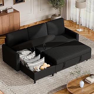 Vongrasig Pull Out Sleeper Sofa with Storage, 77 L-Shaped Convertible Couch Bed in Soft Corduroy for Small Living Room, Reversible Sectional Sofa with Storage Chaise, Black