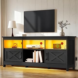 YITAHOME TV Stand for 65 Inch TVs, Entertainment Center with Storage Cabinets, Power Outlet & LED Light, Media TV Console with Barn Doors