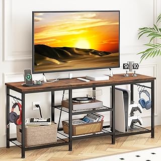 YGEOMER Entertainment Center for 55 Inch TVs, TV Stand with Power Outlet and Open Storage Shelves, Rustic Brown