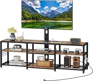 VECELO TV Stand with Mount and Power Outlets, Entertainment Center, Height Adjustable Media Console, Rustic Brown