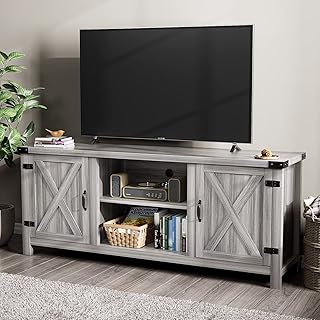 YESHOMY Modern Farmhouse TV Stand with Two Barn Doors and Storage Cabinets, Gray Wash