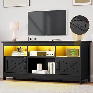 DWVO Farmhouse TV Stand for 65 Inch TV, Black Entertainment Center with LED Lights & Power Outlet