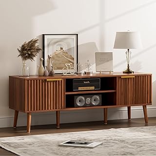 TV Stand for Living Room, Mid Century Modern Entertainment Center with Fluted Door Cabinets