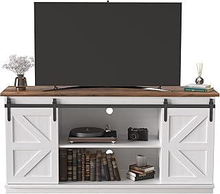 JUMMICO TV Stand for 65 Inch TV, Entertainment Center with Storage Cabinets and Sliding Barn Doors, Bright White