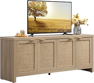 SICOTAS Rattan TV Stand for Living Room Boho Entertainment Center with 4 Rattan Cabinets
