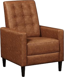 Yaheetech Faux Leather Recliner Sofa Mid-Century Modern Single Reclining Chair Adjustable Back & Footrest Tufted Upholstered Sofa with Pocket Spring Living Room Bedroom Home Theater Brown
