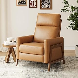 COLAMY Push Back Recliner Chair,Mid Century Modern Wingback Chair, Comfy Armchair PU Leather Living Room Chairs with Wood Legs Reclining Chair Adjustable,Camel