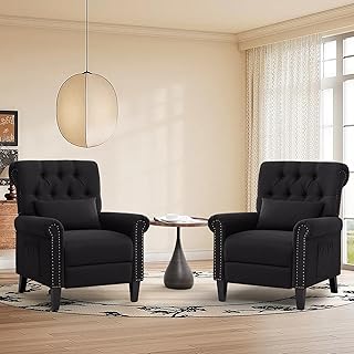 Pushback Recliner Chair, Accent Push Back Chair Set of 2 with Adjustable Footrest Wingback, Upholstered Linen Reclining Sofa with Side Pocket, Comfy Modern Armchair for Living Room, Black